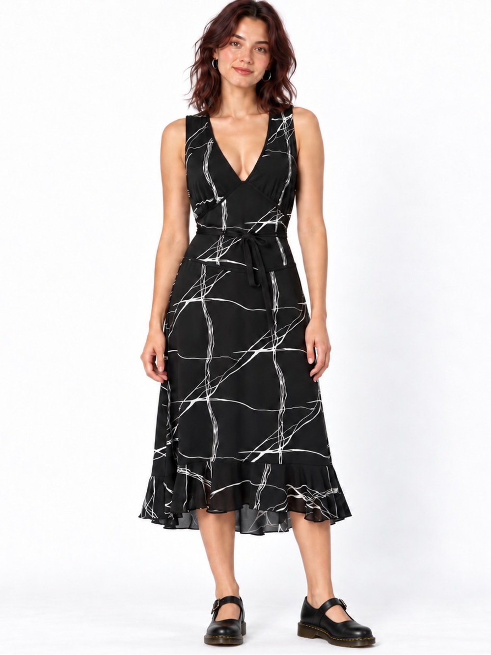 Le Château Dress 2000s Y2K Black White Abstract V-Neck High-Low tie waist Sz M